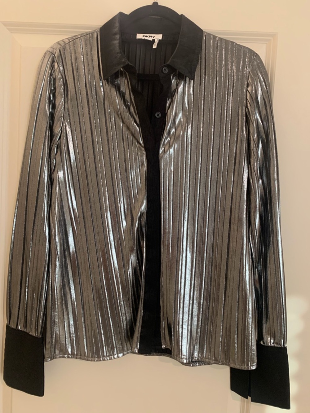 DKNY Silver Metallic Striped Blazer with Black Trim